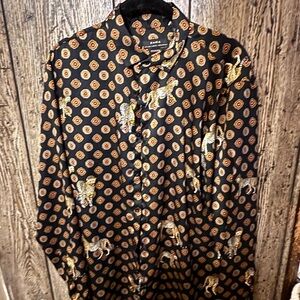 Zara Black Shirt with Gold and Red Pattern L